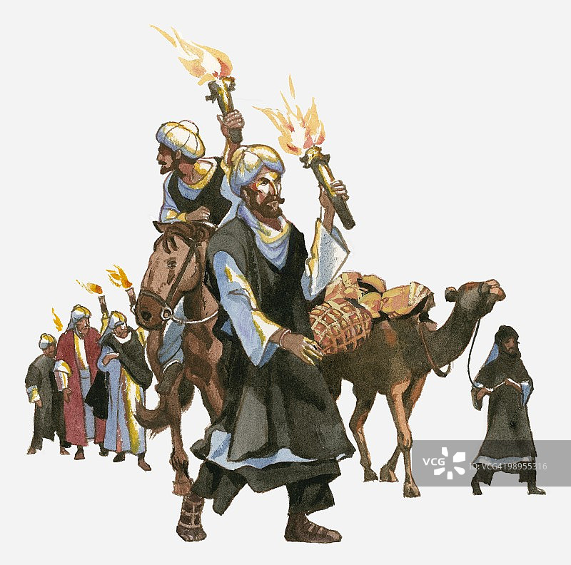 伊本·白图泰和男子离开麦加时手持燃烧的火炬插画图片素材
