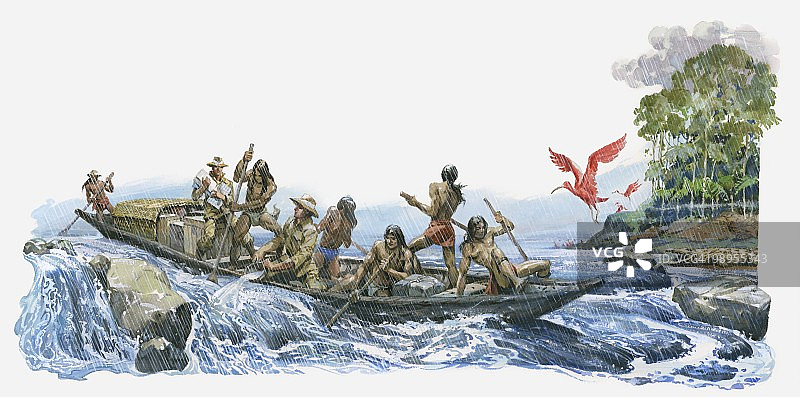 亚历山大·冯·洪堡和艾梅·邦普兰与南美土著人在奥里诺科河急流中从船上舀水的插图图片素材