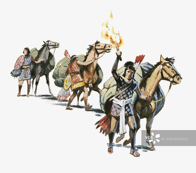 特拉斯卡尔特克人骑马离开城市，手持燃烧的火炬插画图片素材