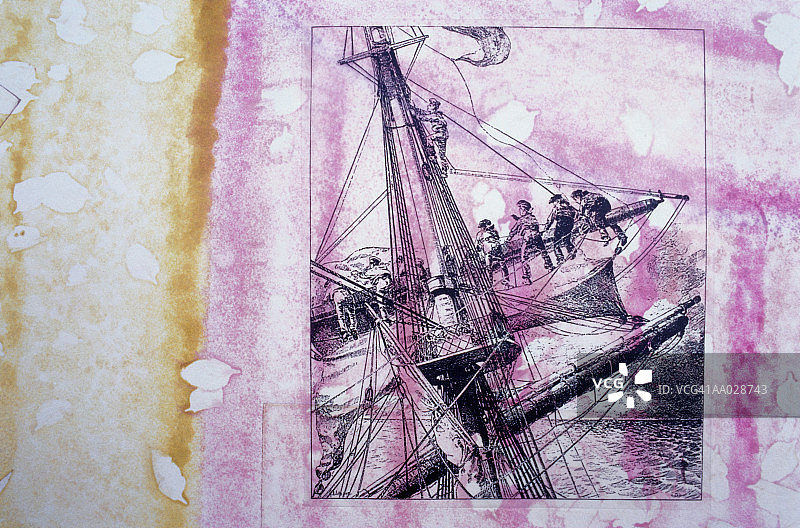 水手们在高桅杆船的桅杆上眺望图片素材