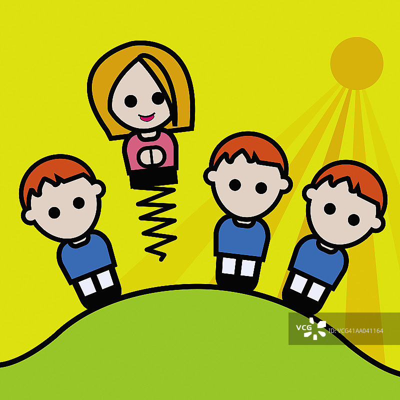 在小山上弹簧上跳跃的女孩和三个男孩图片素材