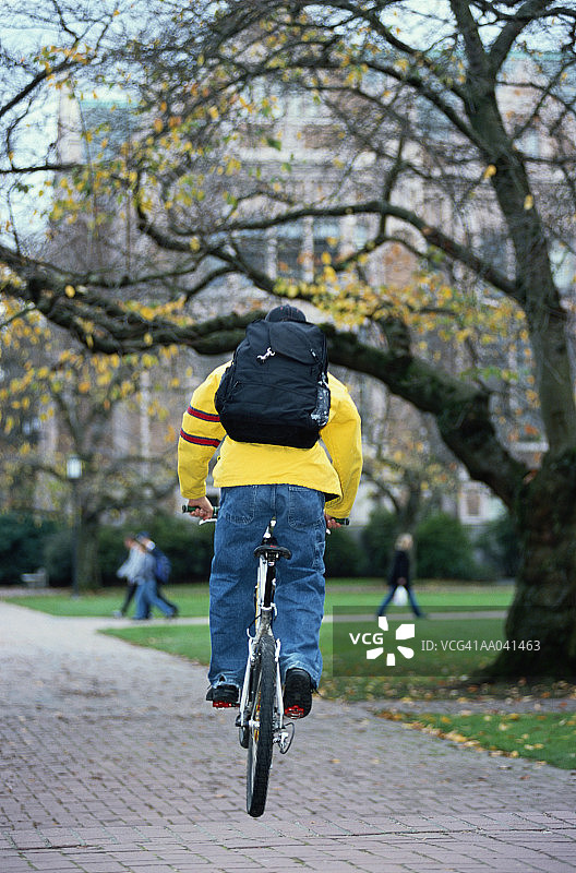 男子在大学校园骑自行车，后视图图片素材