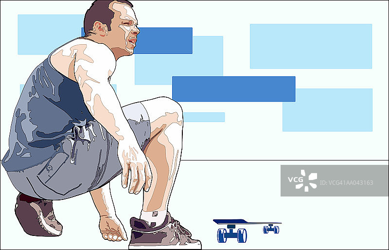 跪在滑板旁边的青少年男孩（16-18岁）侧视图（数码）图片素材