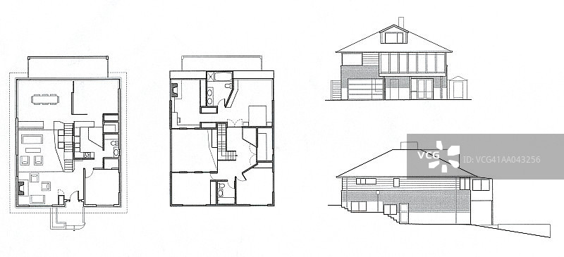 房屋平面图和外观图纸（黑白）图片素材