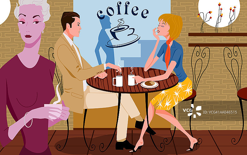 在咖啡店的情侣，前景为中年妇女图片素材