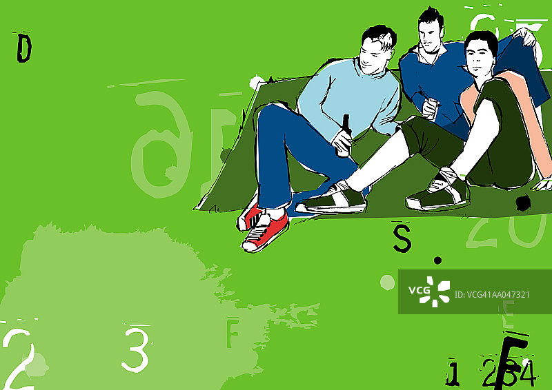 三个青少年男孩（16-18岁）坐在草坪上图片素材