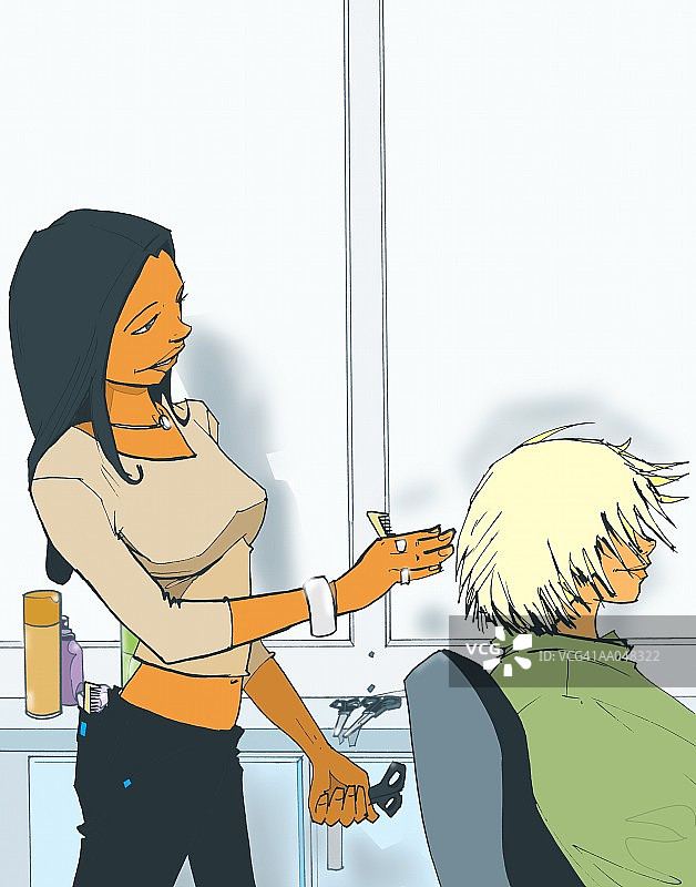 女理发师和女顾客，侧视图图片素材