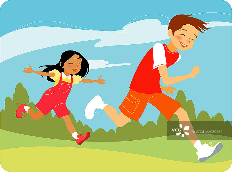 在公园里追逐男孩的女孩图片素材