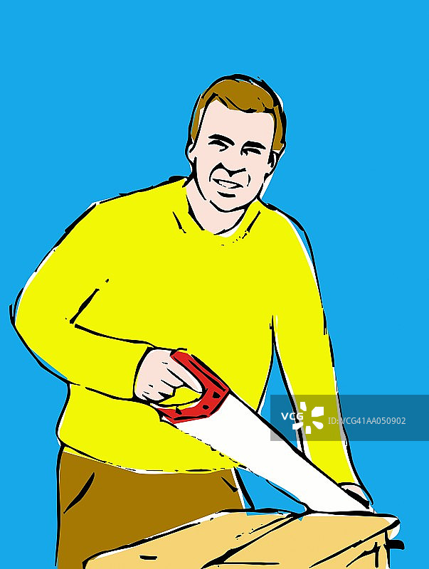 男子使用手锯，肖像（数字插画）图片素材