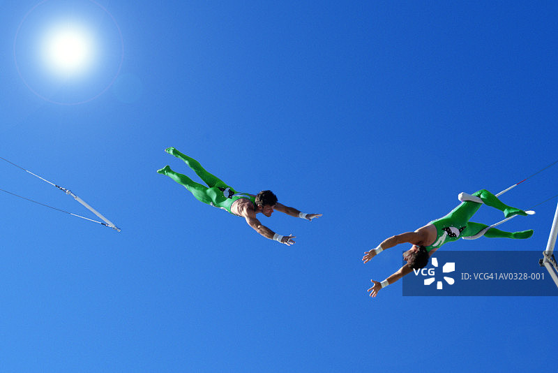 蓝天下表演的空中飞人，仰视视角图片素材