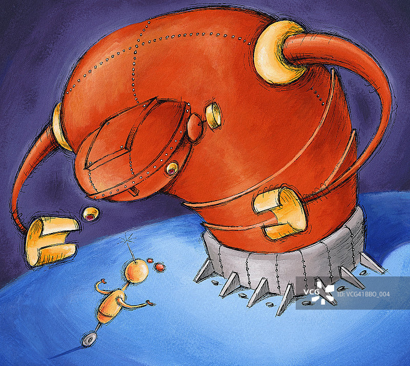 大型机器人恐吓小型机器人图片素材