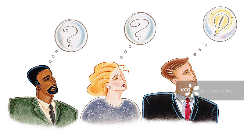 三个人头顶有想法泡泡，其中一个有想法图片素材