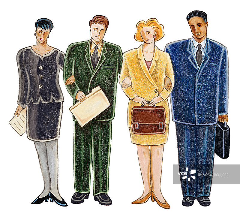 肩并肩站立，手臂相连的四个人图片素材