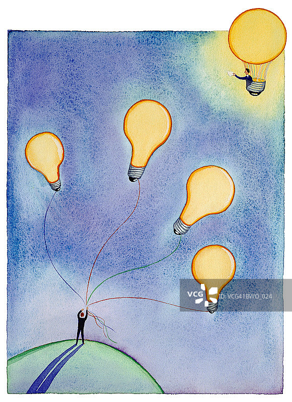 男人拿着一串灯泡，向乘坐灯泡气球的男人挥手图片素材