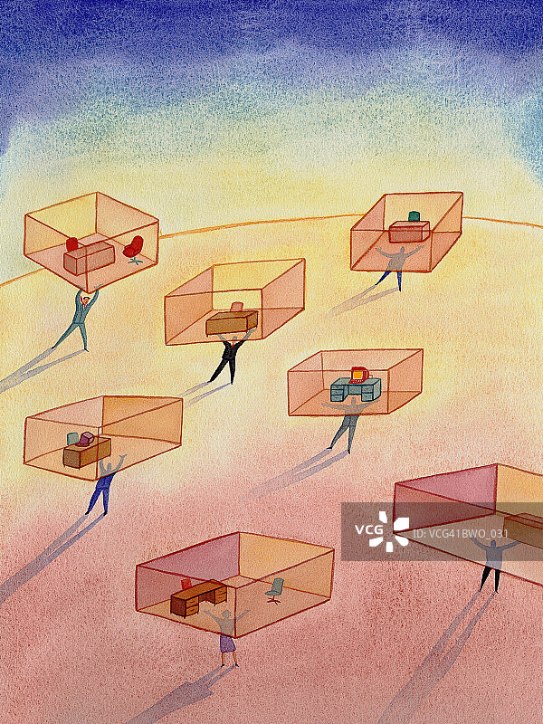 男女搬运透明的办公家具箱子图片素材