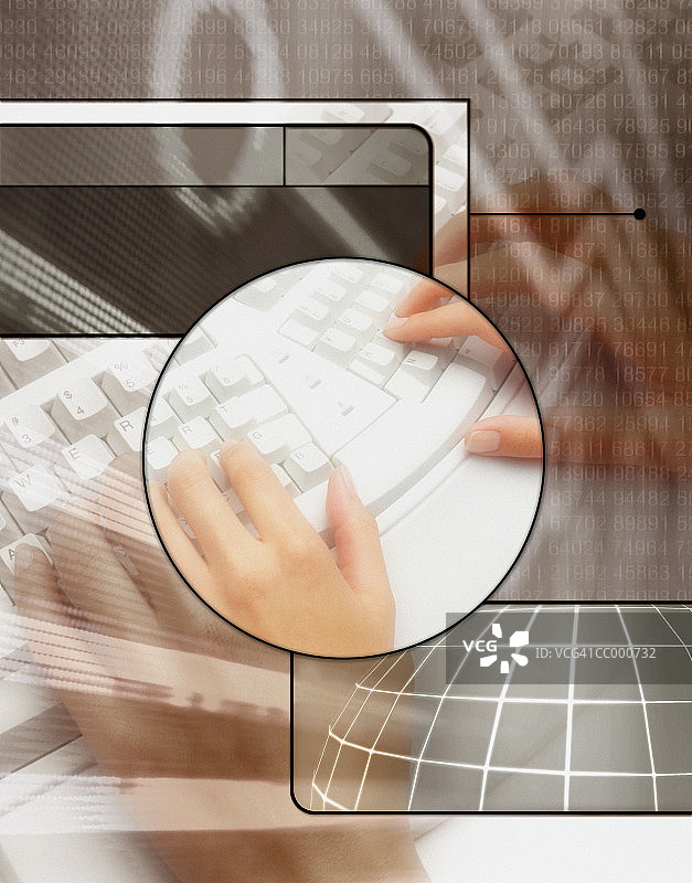 电脑键盘上的手蒙太奇图片素材