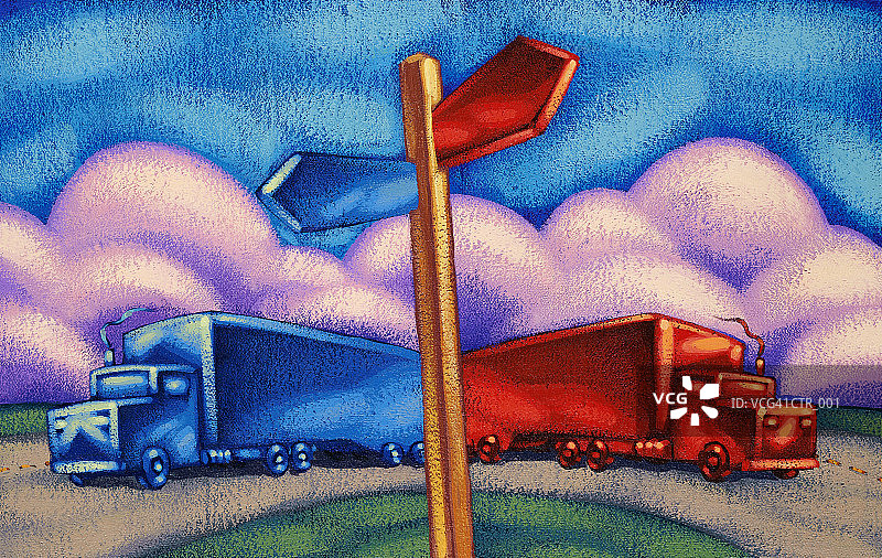 在十字路口相对行驶的两辆拖车卡车图片素材