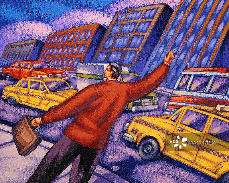 男人在城市街道上叫出租车图片素材