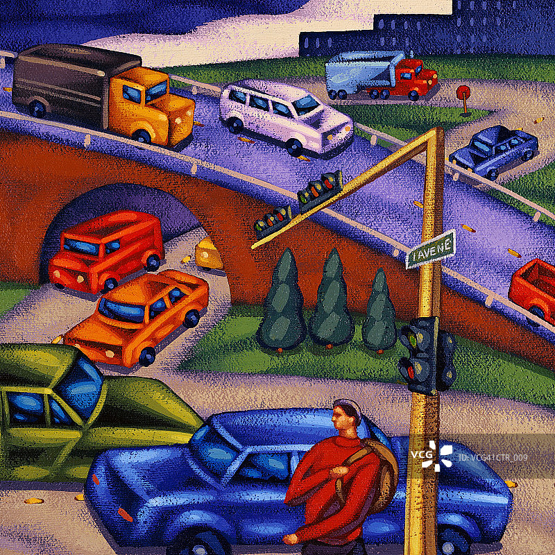 道路场景：交通、立交桥、十字路口和行人图片素材