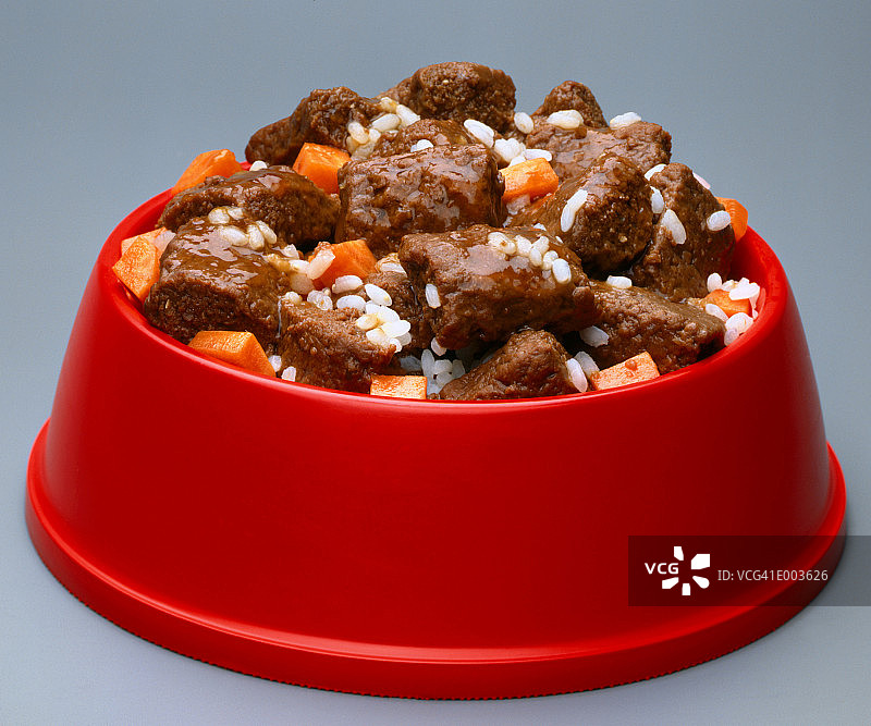 装有牛肉、胡萝卜和米饭的红色宠物碗图片素材