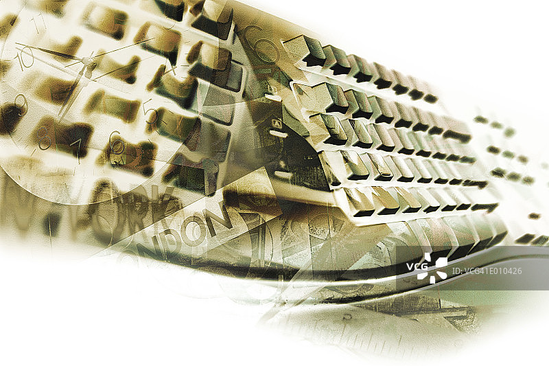 带有时钟和符号叠加图像的键盘图片素材