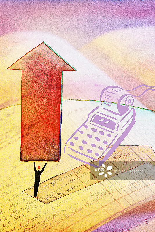 会计分类账，前景中有计算器和箭头图片素材