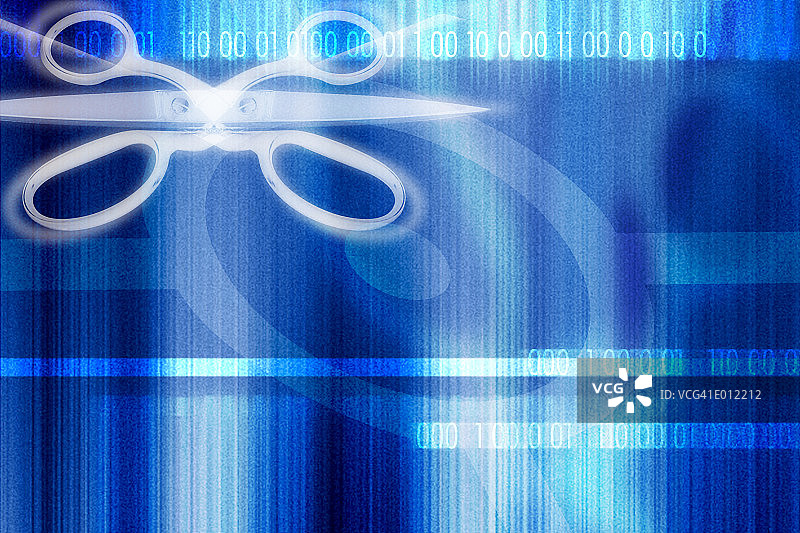 剪刀与二进制叠加蓝色图像图片素材