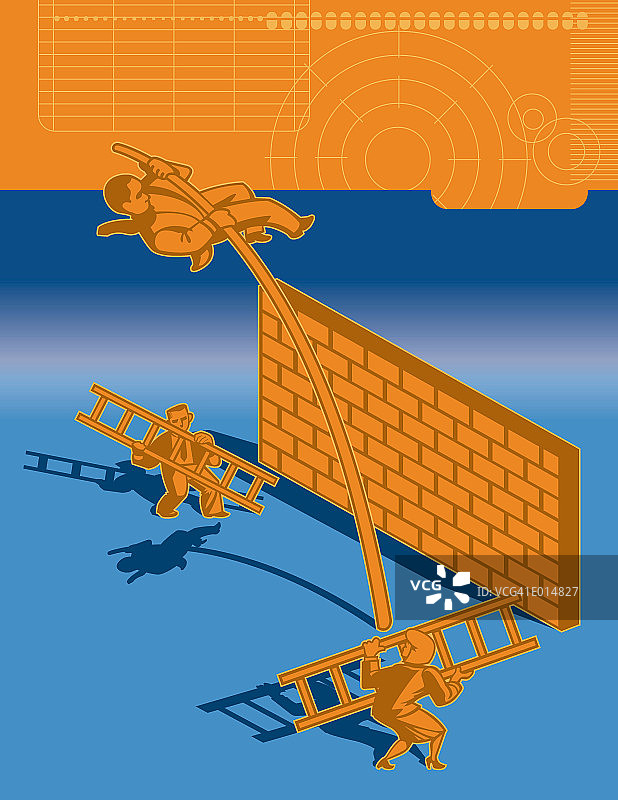 撑杆跳跃过砖墙的商人图片素材