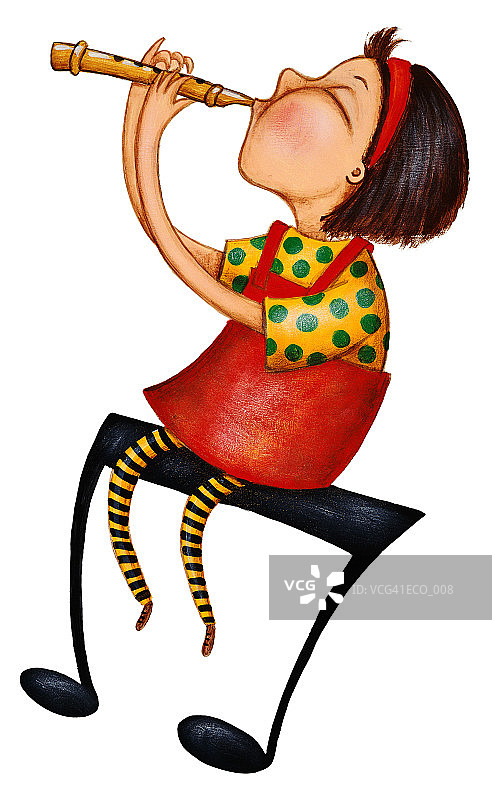 坐在八分音符上吹竖笛的女孩图片素材