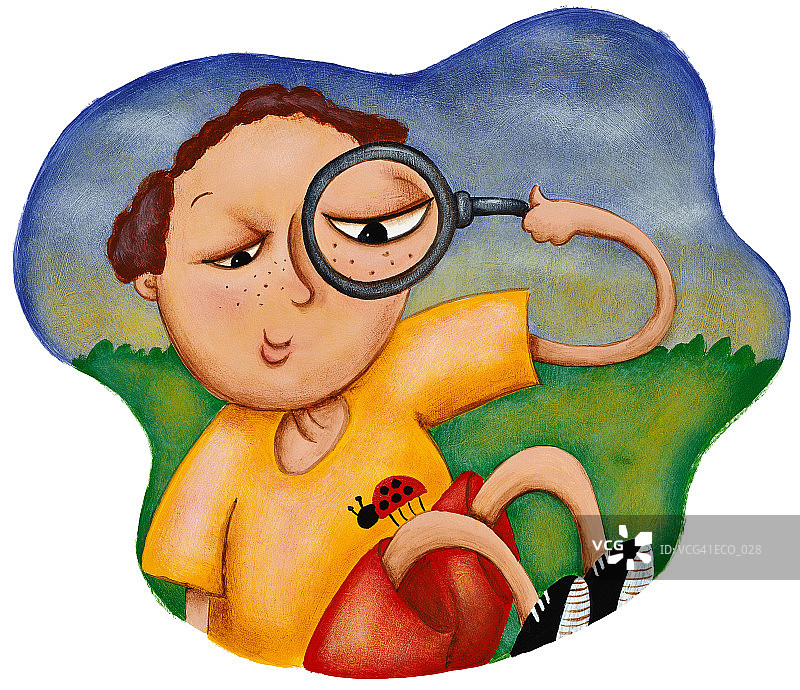 男孩用放大镜观察瓢虫图片素材