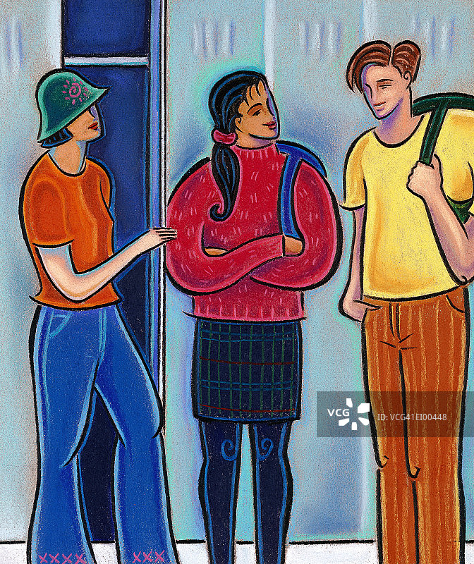 男孩和女孩在聊天，朋友在储物柜里图片素材