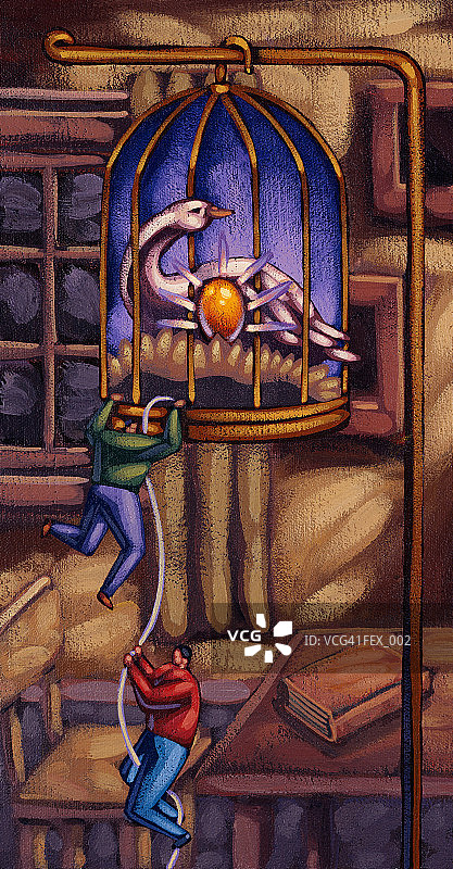 两人爬绳子去装有鹅和金蛋的鸟笼图片素材