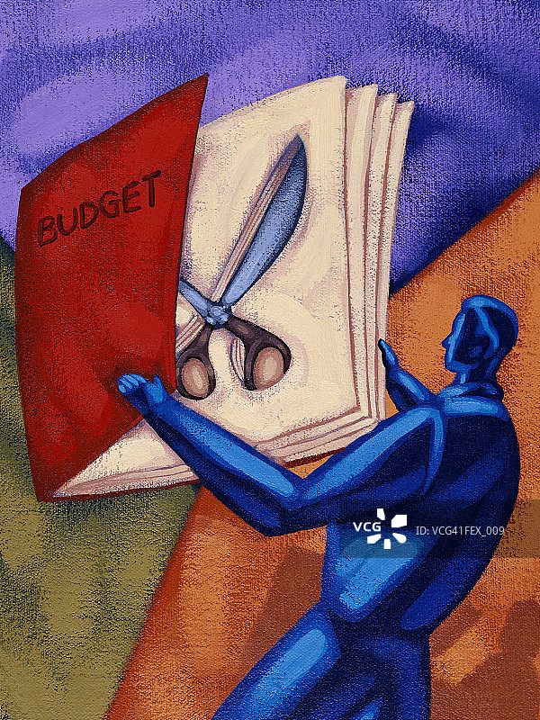 男人打开标注预算的书，里面藏着剪刀图片素材