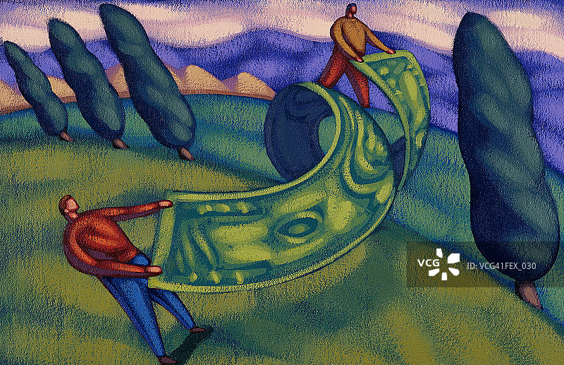 两个男人拉扯着大额美元钞票的两端图片素材