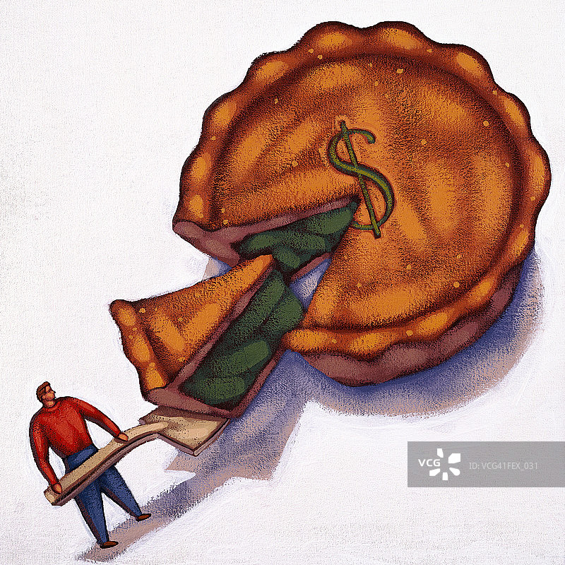 男子从带有美元符号的巨型馅饼上切下一块图片素材