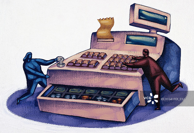 男人和女人打开装满钱的大型收银机图片素材