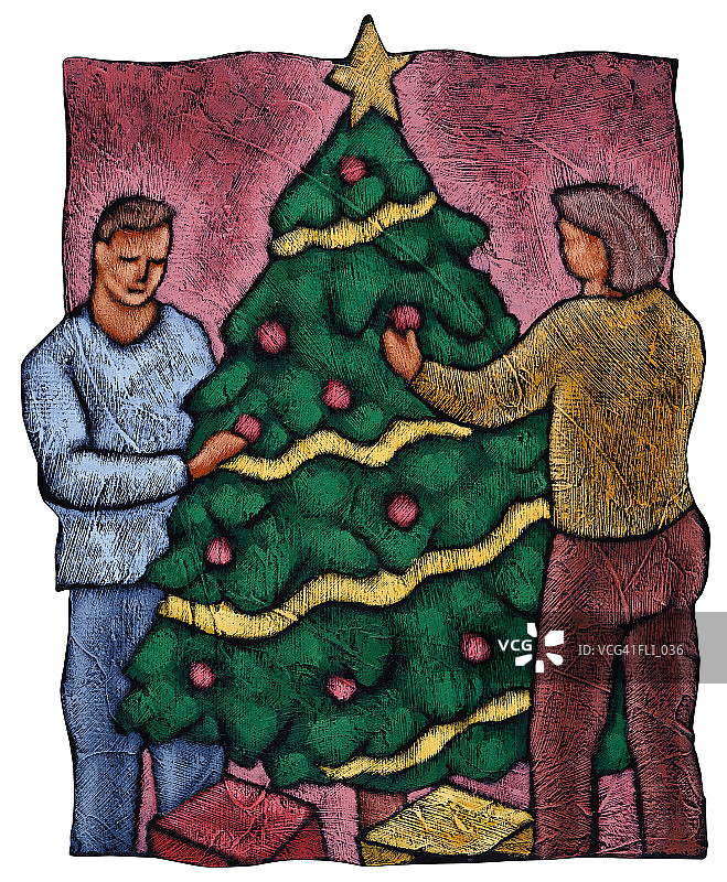 男人和女人装饰圣诞树图片素材