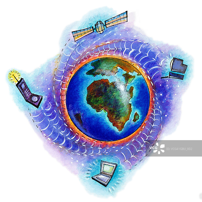 通信卫星、移动电话和计算机环绕地球运行图片素材