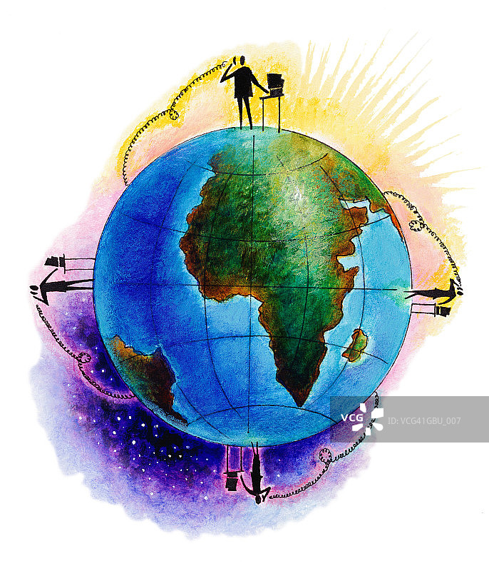 通过电话网络连接的地球四个角落的人们图片素材