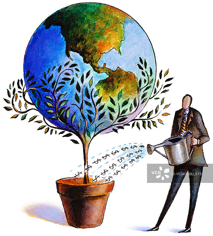 男人给摇钱树浇水，地球仪在树顶生长图片素材