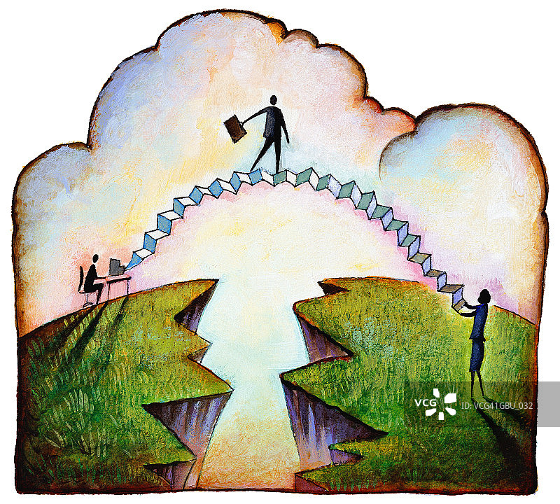 男人穿过电脑和女人之间的纸桥图片素材