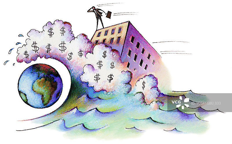 站在建筑上驾驭金钱浪潮即将吞噬地球的男人图片素材