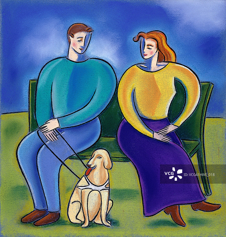 男人、女人和小狗坐在公园长椅上图片素材