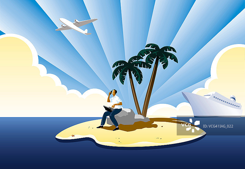 在荒岛上，远处有飞机和轮船的男人图片素材