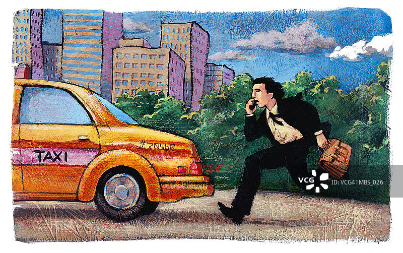 跑步去乘坐出租车，并使用手机的男人图片素材