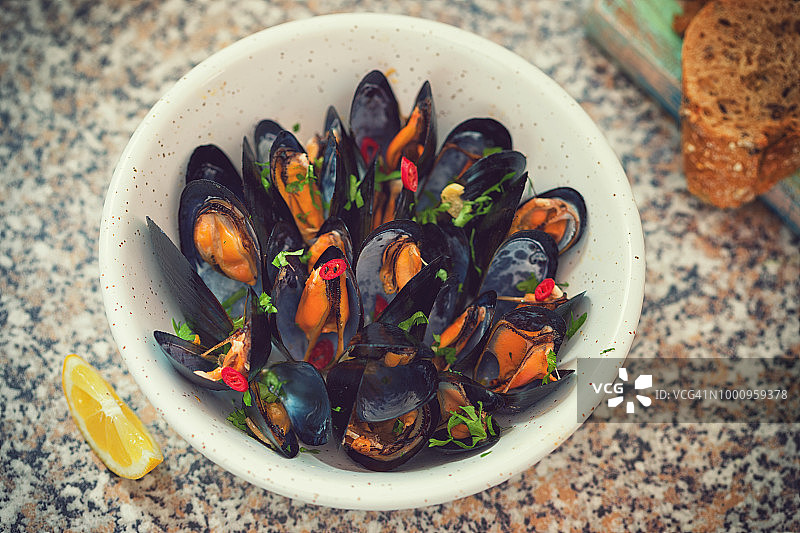 新鲜的蒸贻贝图片素材