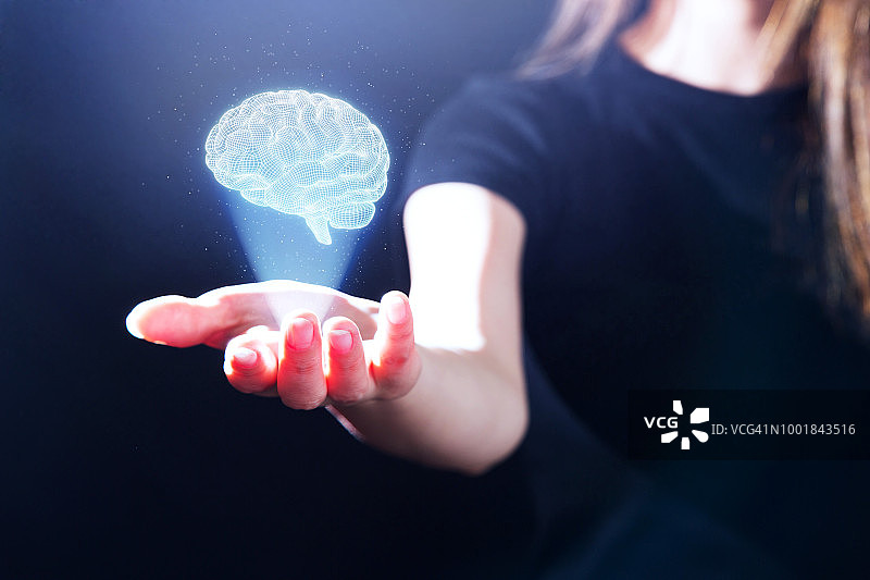 手展示大脑全息图图片素材