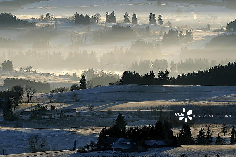 奥尔贝格的晨曦森林区，位于德国巴伐利亚阿尔高地区图片素材