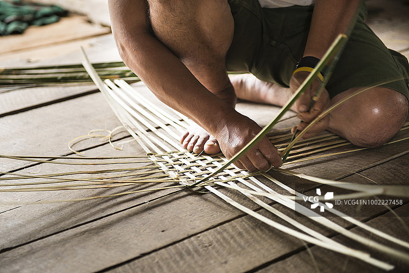 用竹条编织篮子的人图片素材