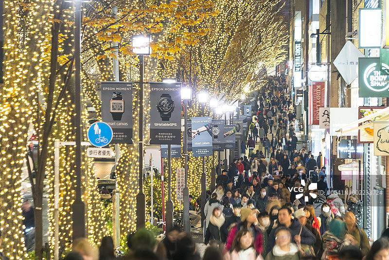 东京涩谷神宫前表参道大街冬季假日灯光下的榉树和精品店旁的人行道上行走的人群图片素材